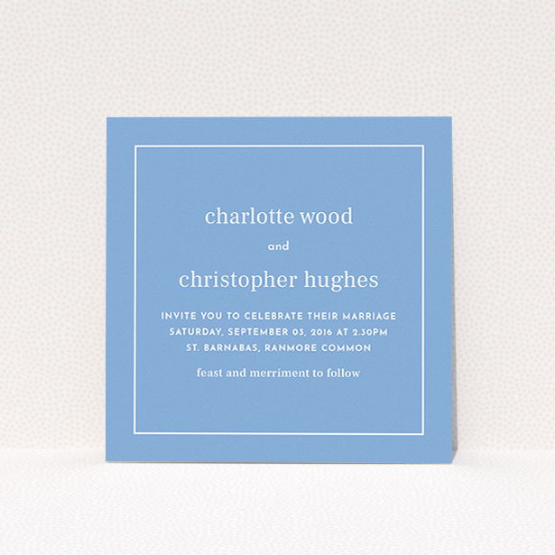 A personalised wedding invitation called "Nice and square". It is a square (148mm x 148mm) invite in a square orientation. "Nice and square" is available as a flat invite, with tones of blue and white.
