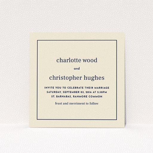 A personalised wedding invitation named "Nice and square". It is a square (148mm x 148mm) invite in a square orientation. "Nice and square" is available as a flat invite, with mainly dark cream colouring.