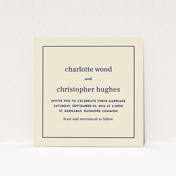 A personalised wedding invitation named "Nice and square". It is a square (148mm x 148mm) invite in a square orientation. "Nice and square" is available as a flat invite, with mainly dark cream colouring.