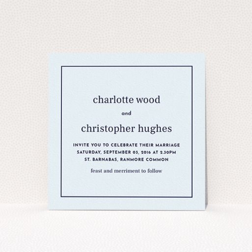 A personalised wedding invitation design titled "Nice and square". It is a square (148mm x 148mm) invite in a square orientation. "Nice and square" is available as a flat invite, with mainly light blue colouring.