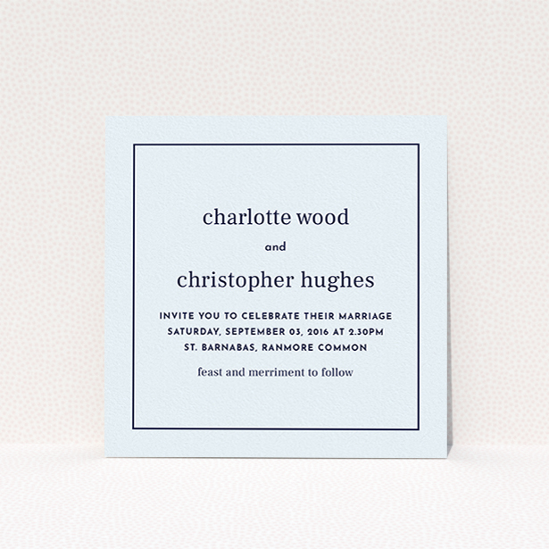 A personalised wedding invitation design titled "Nice and square". It is a square (148mm x 148mm) invite in a square orientation. "Nice and square" is available as a flat invite, with mainly light blue colouring.