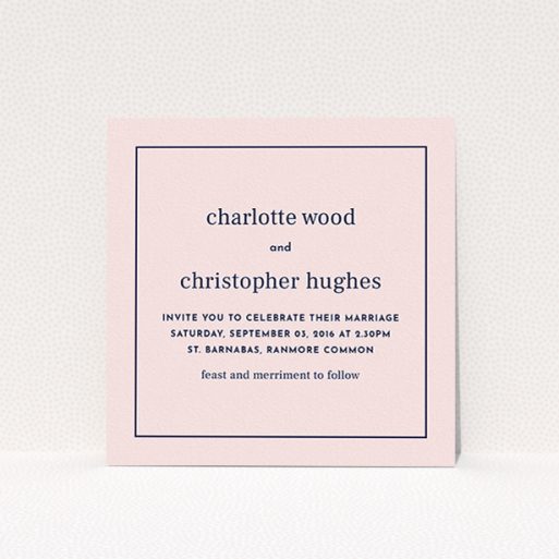 A personalised wedding invitation template titled "Nice and square". It is a square (148mm x 148mm) invite in a square orientation. "Nice and square" is available as a flat invite, with mainly pink colouring.