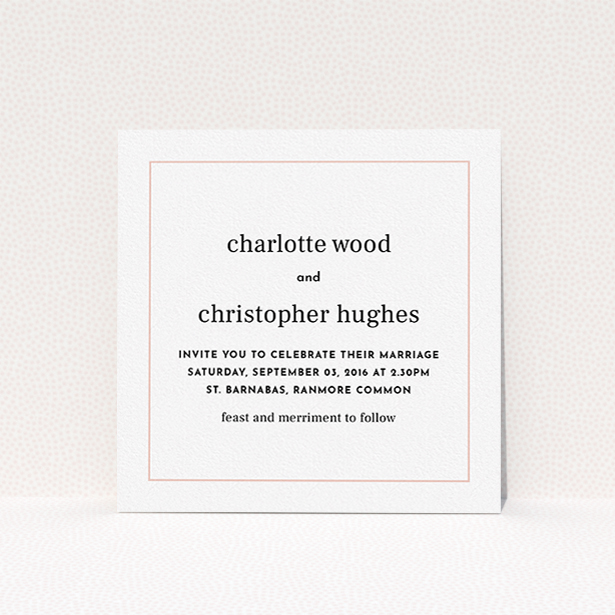 A personalised wedding invitation called "Nice and square". It is a square (148mm x 148mm) invite in a square orientation. "Nice and square" is available as a flat invite, with tones of white and Pink.
