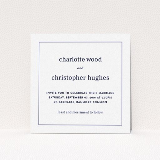 A personalised wedding invitation design called "Nice and square". It is a square (148mm x 148mm) invite in a square orientation. "Nice and square" is available as a flat invite, with mainly white colouring.