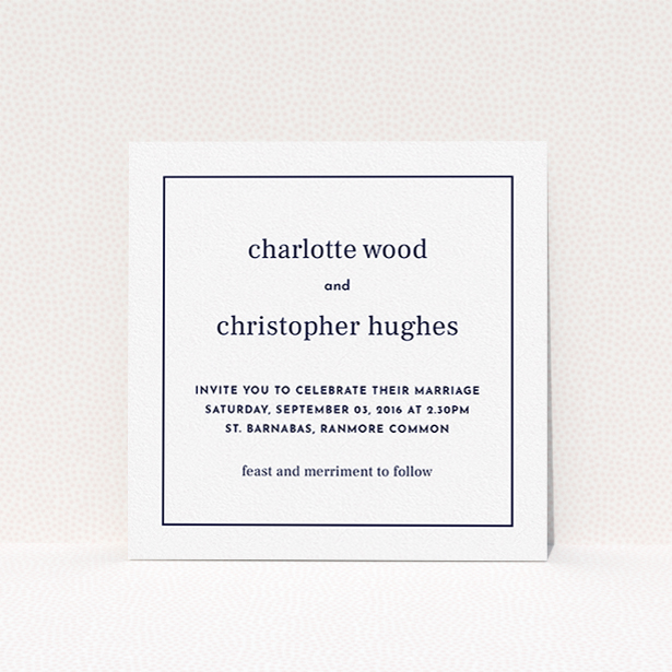 A personalised wedding invitation design called "Nice and square". It is a square (148mm x 148mm) invite in a square orientation. "Nice and square" is available as a flat invite, with mainly white colouring.