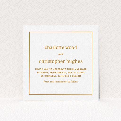 A personalised wedding invitation design titled "Nice and square". It is a square (148mm x 148mm) invite in a square orientation. "Nice and square" is available as a flat invite, with tones of white and orange.