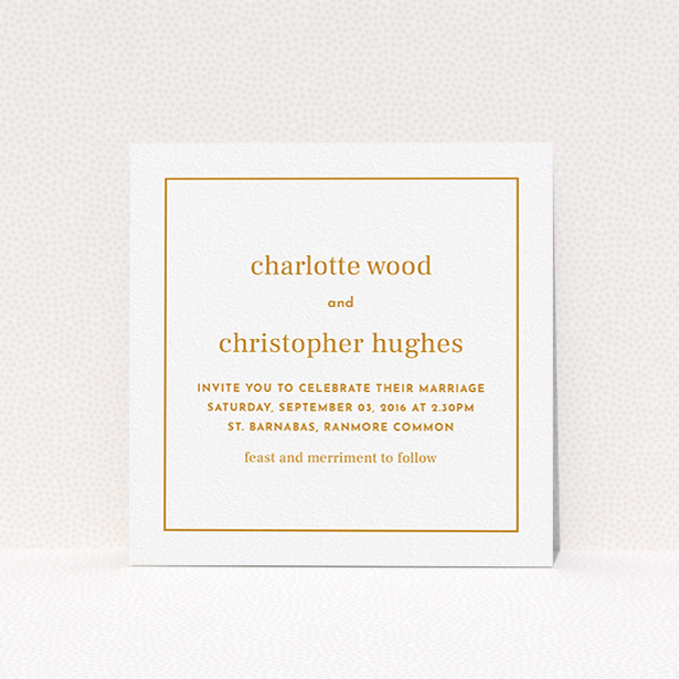 A personalised wedding invitation design titled "Nice and square". It is a square (148mm x 148mm) invite in a square orientation. "Nice and square" is available as a flat invite, with tones of white and orange.