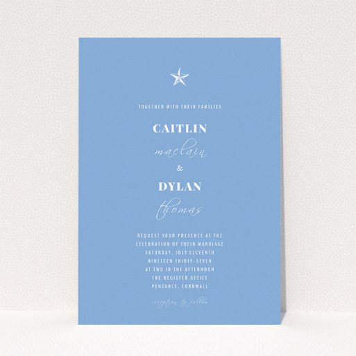 A personalised wedding invitation design named "North Star". It is an A5 invite in a portrait orientation. "North Star" is available as a flat invite, with tones of blue and white.