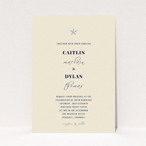 A personalised wedding invitation template titled "North Star". It is an A5 invite in a portrait orientation. "North Star" is available as a flat invite, with mainly dark cream colouring.