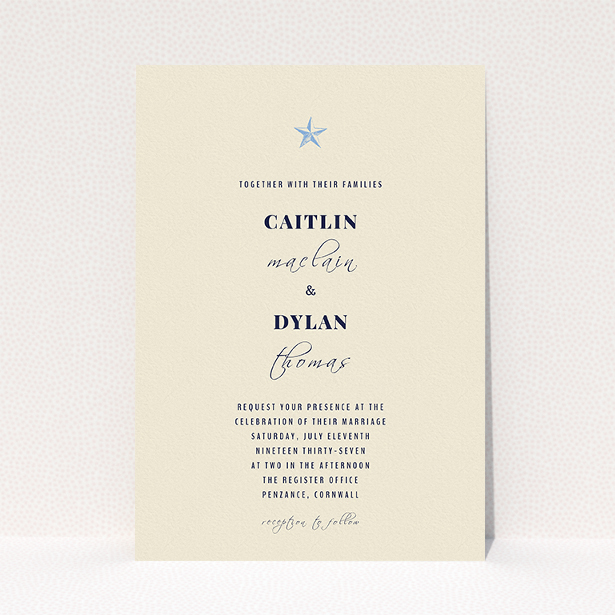 A personalised wedding invitation template titled "North Star". It is an A5 invite in a portrait orientation. "North Star" is available as a flat invite, with mainly dark cream colouring.