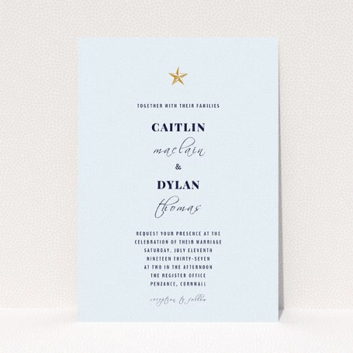 A personalised wedding invitation design called "North Star". It is an A5 invite in a portrait orientation. "North Star" is available as a flat invite, with mainly white colouring.