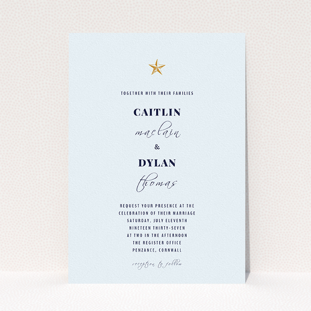 A personalised wedding invitation design called "North Star". It is an A5 invite in a portrait orientation. "North Star" is available as a flat invite, with mainly white colouring.