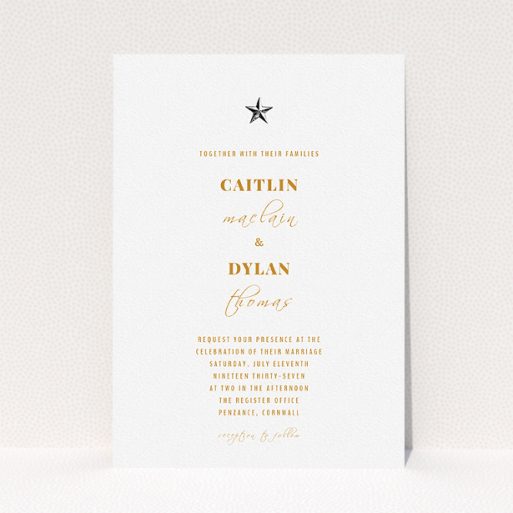 A personalised wedding invitation named "North Star". It is an A5 invite in a portrait orientation. "North Star" is available as a flat invite, with mainly white colouring.