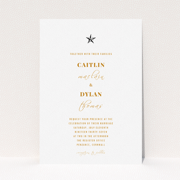 A personalised wedding invitation named "North Star". It is an A5 invite in a portrait orientation. "North Star" is available as a flat invite, with mainly white colouring.