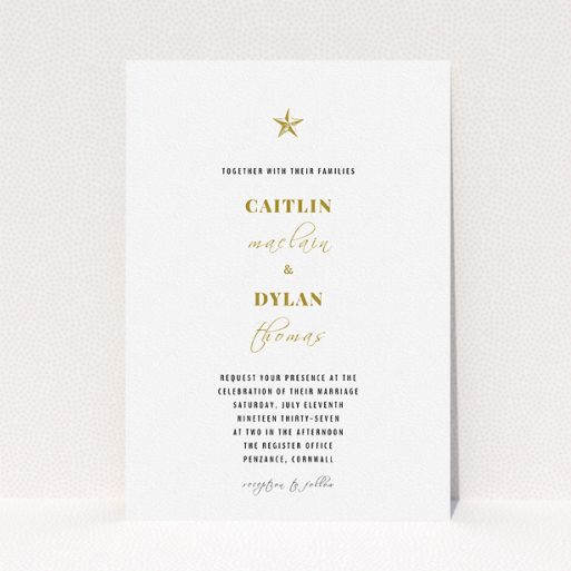 A personalised wedding invitation called "North Star". It is an A5 invite in a portrait orientation. "North Star" is available as a flat invite, with tones of white and gold.