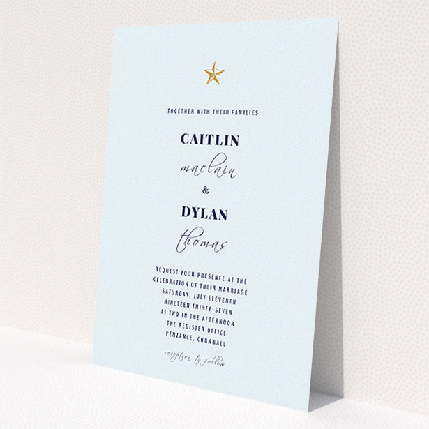 A personalised wedding invitation design called "North Star". It is an A5 invite in a portrait orientation. "North Star" is available as a flat invite, with mainly white colouring.