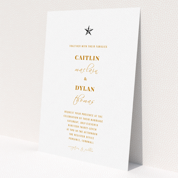 A personalised wedding invitation named 'North Star'. It is an A5 invite in a portrait orientation. 'North Star' is available as a flat invite, with mainly white colouring.