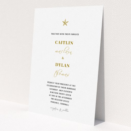 A personalised wedding invitation called 'North Star'. It is an A5 invite in a portrait orientation. 'North Star' is available as a flat invite, with tones of white and gold.