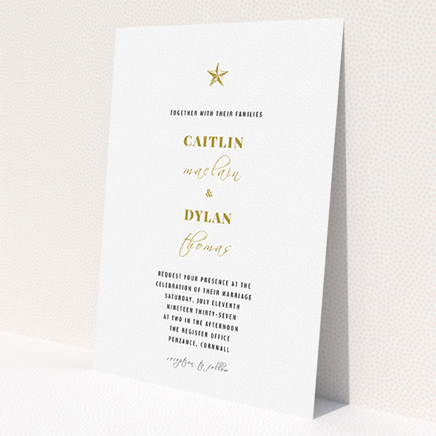 A personalised wedding invitation called "North Star". It is an A5 invite in a portrait orientation. "North Star" is available as a flat invite, with tones of white and gold.