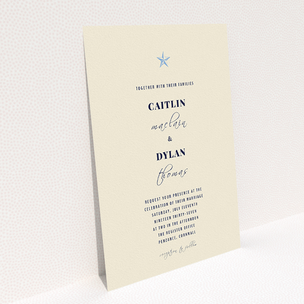 A personalised wedding invitation template titled "North Star". It is an A5 invite in a portrait orientation. "North Star" is available as a flat invite, with mainly dark cream colouring.