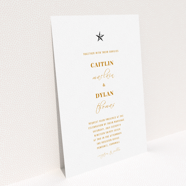 A personalised wedding invitation named "North Star". It is an A5 invite in a portrait orientation. "North Star" is available as a flat invite, with mainly white colouring.