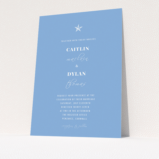 A personalised wedding invitation design named "North Star". It is an A5 invite in a portrait orientation. "North Star" is available as a flat invite, with tones of blue and white.