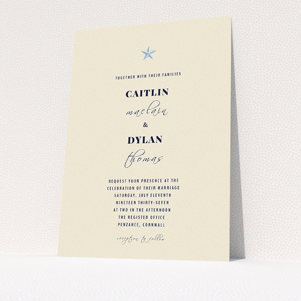 A personalised wedding invitation template titled "North Star". It is an A5 invite in a portrait orientation. "North Star" is available as a flat invite, with mainly dark cream colouring.