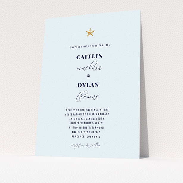 A personalised wedding invitation design called "North Star". It is an A5 invite in a portrait orientation. "North Star" is available as a flat invite, with mainly white colouring.