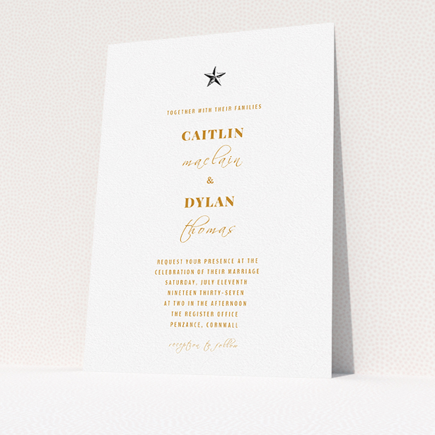 A personalised wedding invitation named "North Star". It is an A5 invite in a portrait orientation. "North Star" is available as a flat invite, with mainly white colouring.