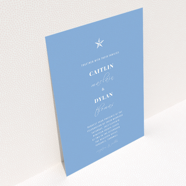 A personalised wedding invitation design named "North Star". It is an A5 invite in a portrait orientation. "North Star" is available as a flat invite, with tones of blue and white.