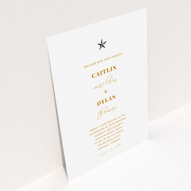 A personalised wedding invitation named "North Star". It is an A5 invite in a portrait orientation. "North Star" is available as a flat invite, with mainly white colouring.