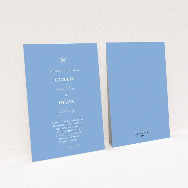 A personalised wedding invitation design named "North Star". It is an A5 invite in a portrait orientation. "North Star" is available as a flat invite, with tones of blue and white.