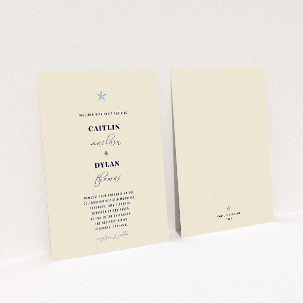 A personalised wedding invitation template titled "North Star". It is an A5 invite in a portrait orientation. "North Star" is available as a flat invite, with mainly dark cream colouring.