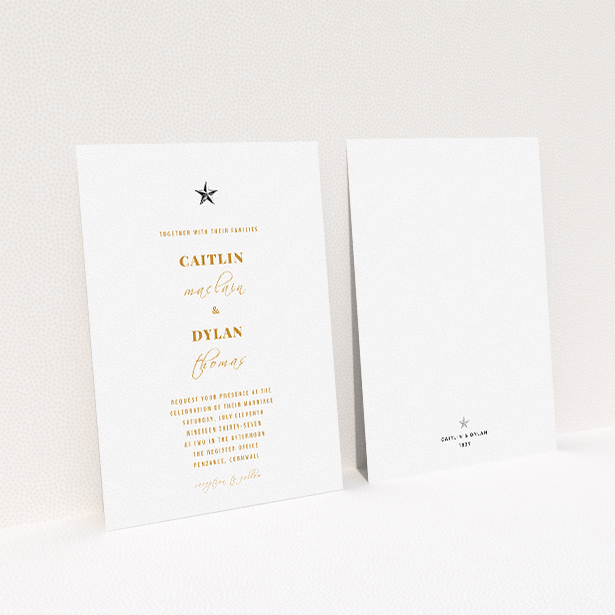 A personalised wedding invitation named "North Star". It is an A5 invite in a portrait orientation. "North Star" is available as a flat invite, with mainly white colouring.
