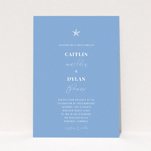 A personalised wedding invitation called "North Star". It is an A6 invite in a portrait orientation. "North Star" is available as a flat invite, with tones of blue and white.