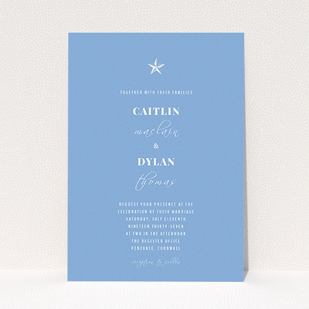 A personalised wedding invitation called "North Star". It is an A6 invite in a portrait orientation. "North Star" is available as a flat invite, with tones of blue and white.