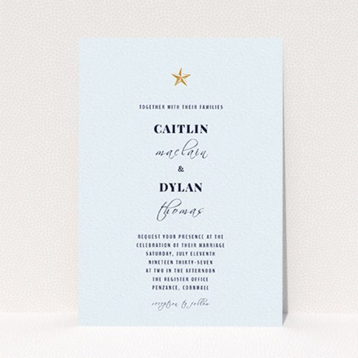 A personalised wedding invitation design called "North Star". It is an A6 invite in a portrait orientation. "North Star" is available as a flat invite, with mainly white colouring.