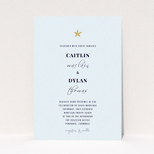 A personalised wedding invitation design called "North Star". It is an A6 invite in a portrait orientation. "North Star" is available as a flat invite, with mainly white colouring.