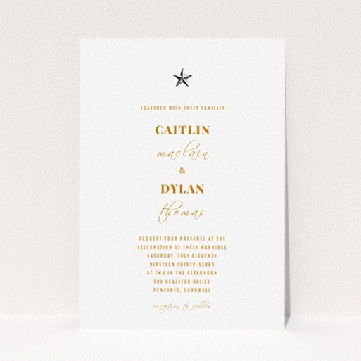 A personalised wedding invitation design titled "North Star". It is an A6 invite in a portrait orientation. "North Star" is available as a flat invite, with mainly white colouring.
