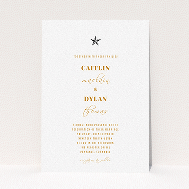 A personalised wedding invitation design titled "North Star". It is an A6 invite in a portrait orientation. "North Star" is available as a flat invite, with mainly white colouring.