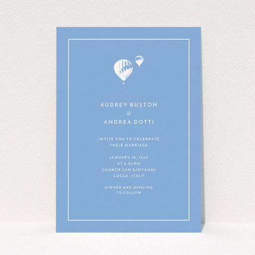 A personalised wedding invitation named "Off and away". It is an A5 invite in a portrait orientation. "Off and away" is available as a flat invite, with tones of blue and white.