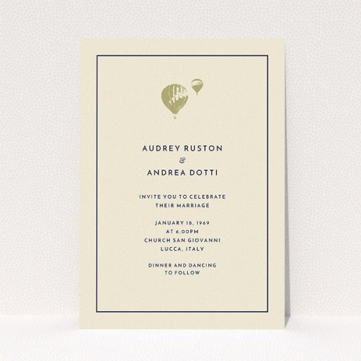 A personalised wedding invitation design titled "Off and away". It is an A5 invite in a portrait orientation. "Off and away" is available as a flat invite, with tones of cream and gold.