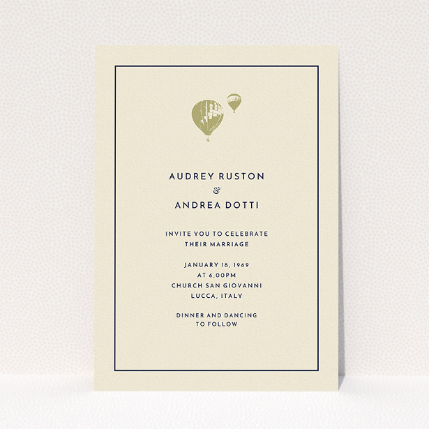 A personalised wedding invitation design titled "Off and away". It is an A5 invite in a portrait orientation. "Off and away" is available as a flat invite, with tones of cream and gold.
