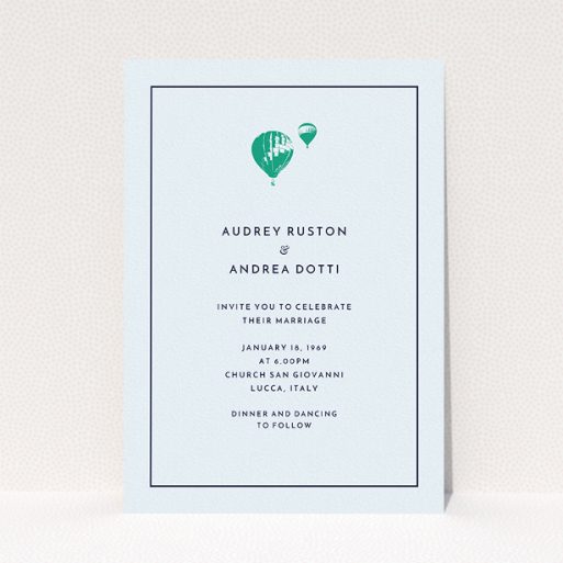 A personalised wedding invitation called "Off and away". It is an A5 invite in a portrait orientation. "Off and away" is available as a flat invite, with mainly white colouring.