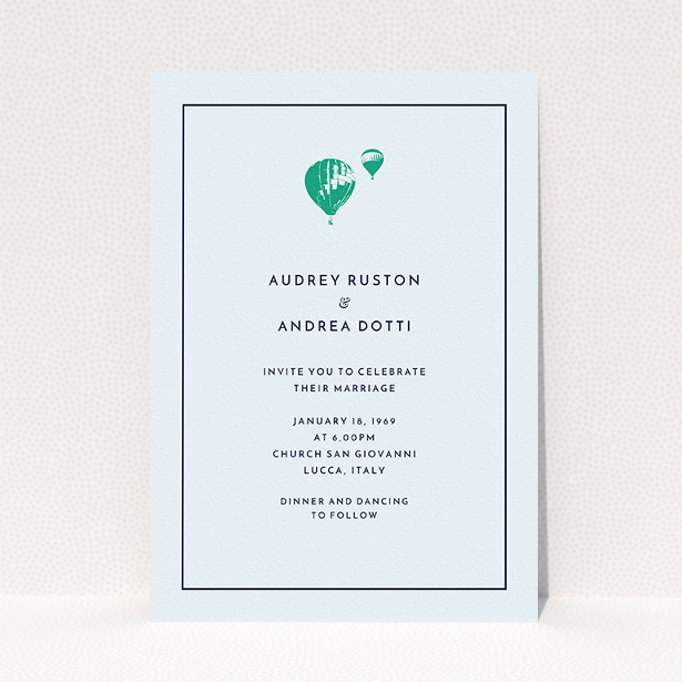 A personalised wedding invitation called "Off and away". It is an A5 invite in a portrait orientation. "Off and away" is available as a flat invite, with mainly white colouring.