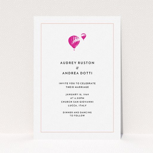A personalised wedding invitation named "Off and away". It is an A5 invite in a portrait orientation. "Off and away" is available as a flat invite, with tones of white and pink.