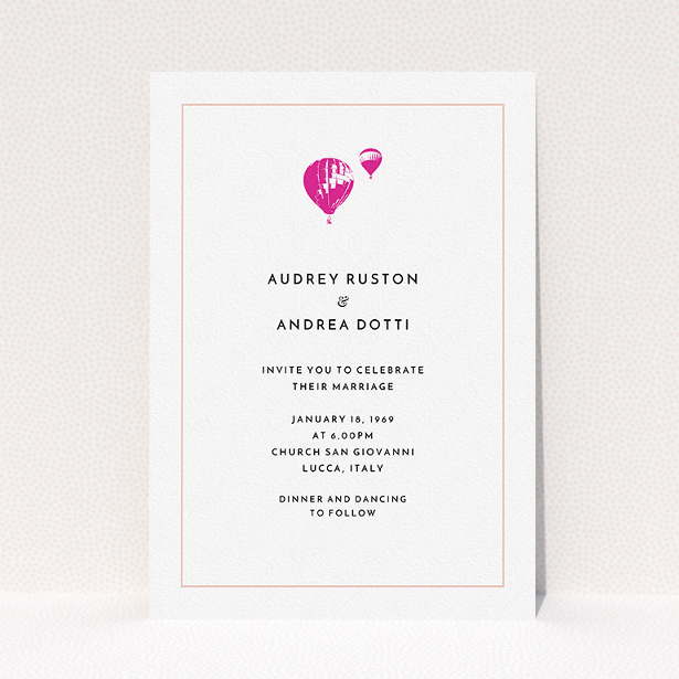 A personalised wedding invitation named "Off and away". It is an A5 invite in a portrait orientation. "Off and away" is available as a flat invite, with tones of white and pink.