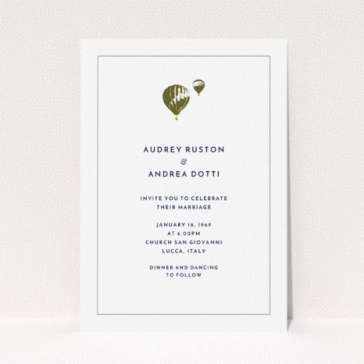 A personalised wedding invitation design named "Off and away". It is an A5 invite in a portrait orientation. "Off and away" is available as a flat invite, with mainly white colouring.