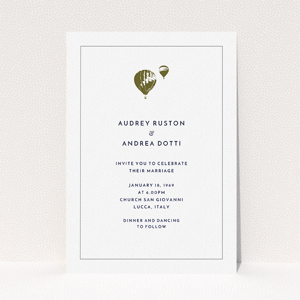 A personalised wedding invitation design named "Off and away". It is an A5 invite in a portrait orientation. "Off and away" is available as a flat invite, with mainly white colouring.