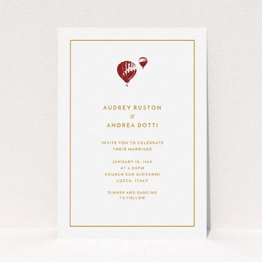 A personalised wedding invitation design called "Off and away". It is an A5 invite in a portrait orientation. "Off and away" is available as a flat invite, with tones of white and orange.